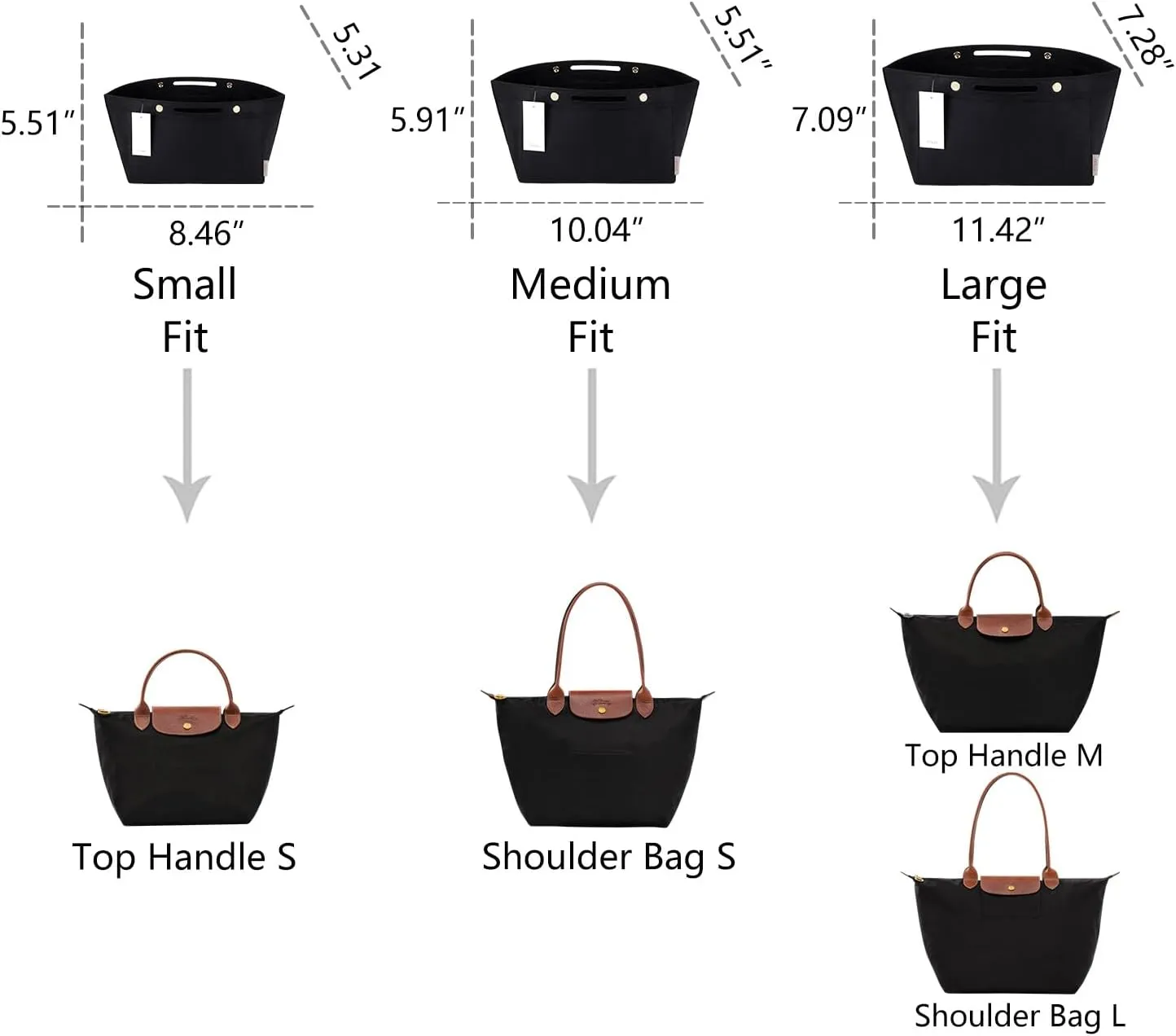 ZTUJO Purse Organizer Insert for le pliage, Compatible with Longchamp Le Pliage Top Handle S/M,Shoulder Bag S/L (Black, Large For Top Handle M and Shoulder Bag L)