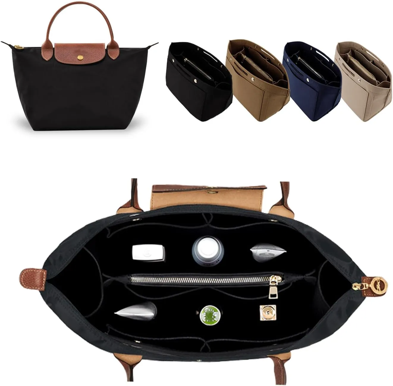 ZTUJO Purse Organizer Insert for le pliage, Compatible with Longchamp Le Pliage Top Handle S/M,Shoulder Bag S/L (Black, Large For Top Handle M and Shoulder Bag L)