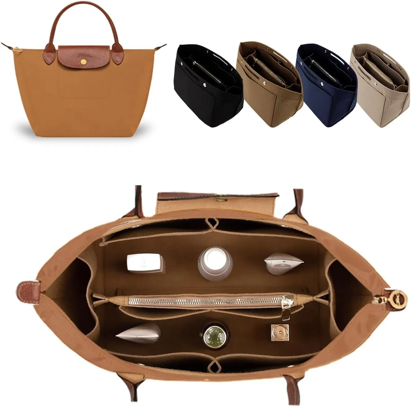 ZTUJO Purse Organizer Insert for le pliage, Compatible with Longchamp Le Pliage Top Handle S/M,Shoulder Bag S/L (Lighting Coffee, Large For Top Handle M and Shoulder Bag L)