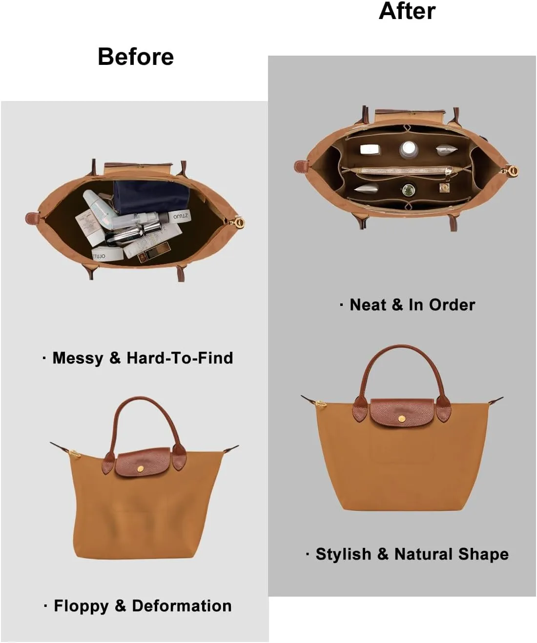 ZTUJO Purse Organizer Insert for le pliage, Compatible with Longchamp Le Pliage Top Handle S/M,Shoulder Bag S/L (Lighting Coffee, Large For Top Handle M and Shoulder Bag L)