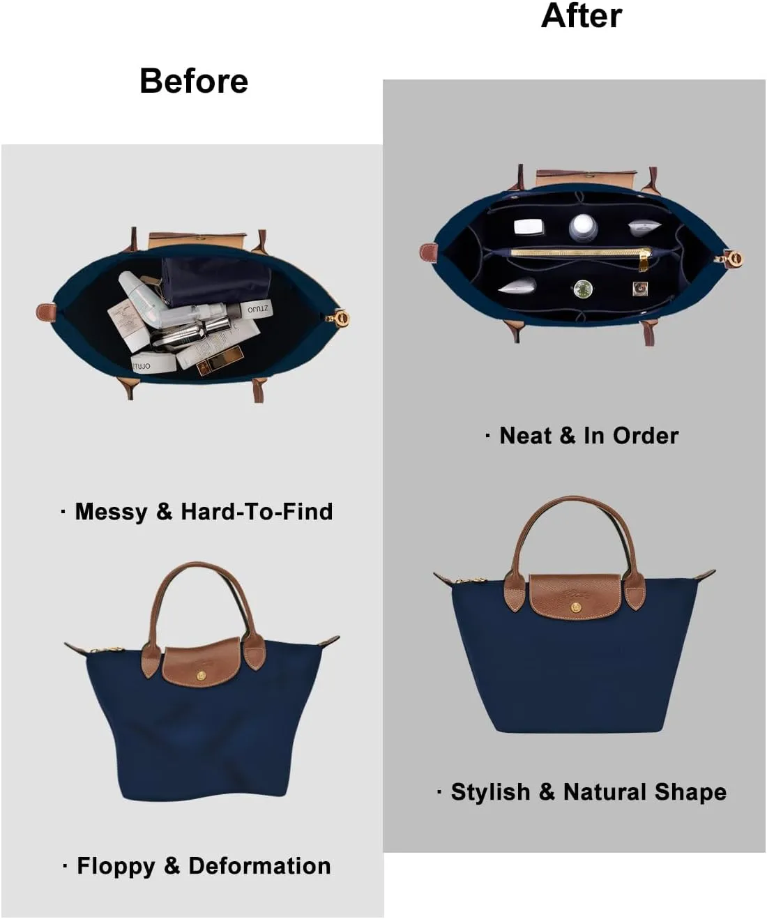 ZTUJO Purse Organizer Insert for le pliage, Compatible with Longchamp Le Pliage Top Handle S/M,Shoulder Bag S/L (Navy Blue, Medium For Shoulder Bag S)
